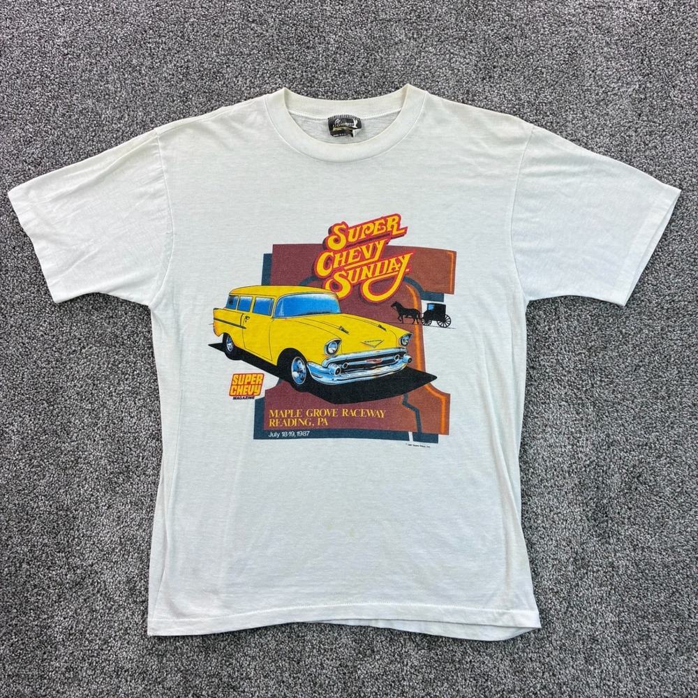 Vintage 80s Super Chevy Sunday‎ Shirt Mens Large White Maple Grove Raceway Drag